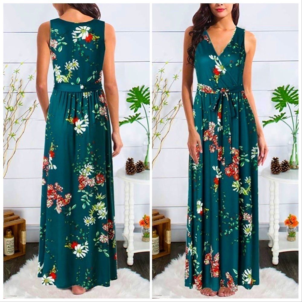 NWT! BOUTIQUE SLEEVELESS FLORAL V- NECK MAXI DRESS W/TIE BELT-SIZE M!!